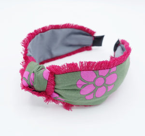 veryshine.com hairband/headband Pink fringe trim headband floral print hairband top knot hair accessory for women
