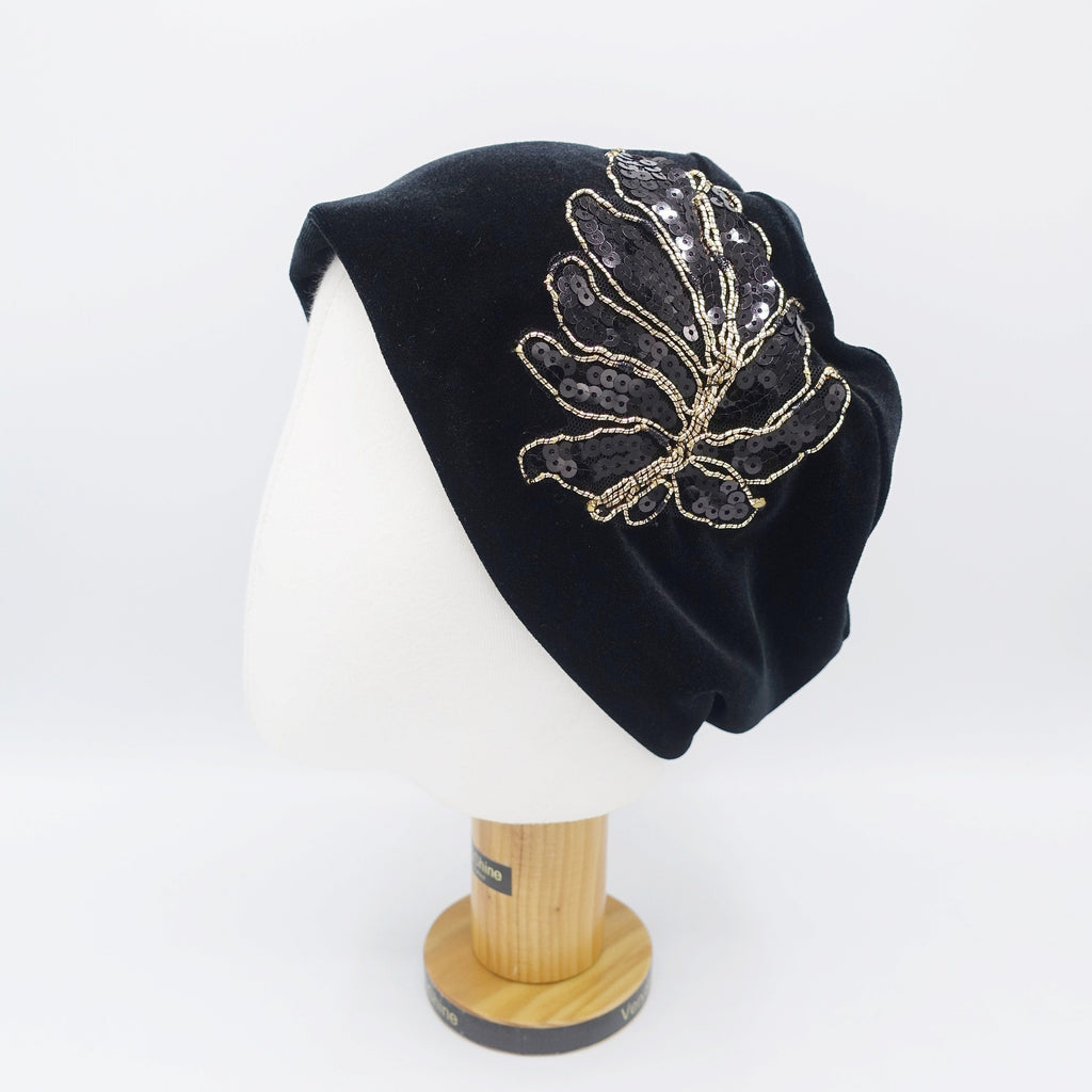 veryshine.com Hat Black black velvet beanie, sequin leaf embellished hat, stretchable fashion hat for women