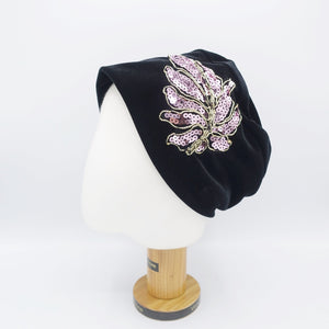 veryshine.com Hat black velvet beanie, sequin leaf embellished hat, stretchable fashion hat for women