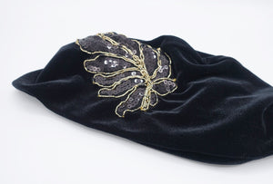 veryshine.com Hat black velvet beanie, sequin leaf embellished hat, stretchable fashion hat for women