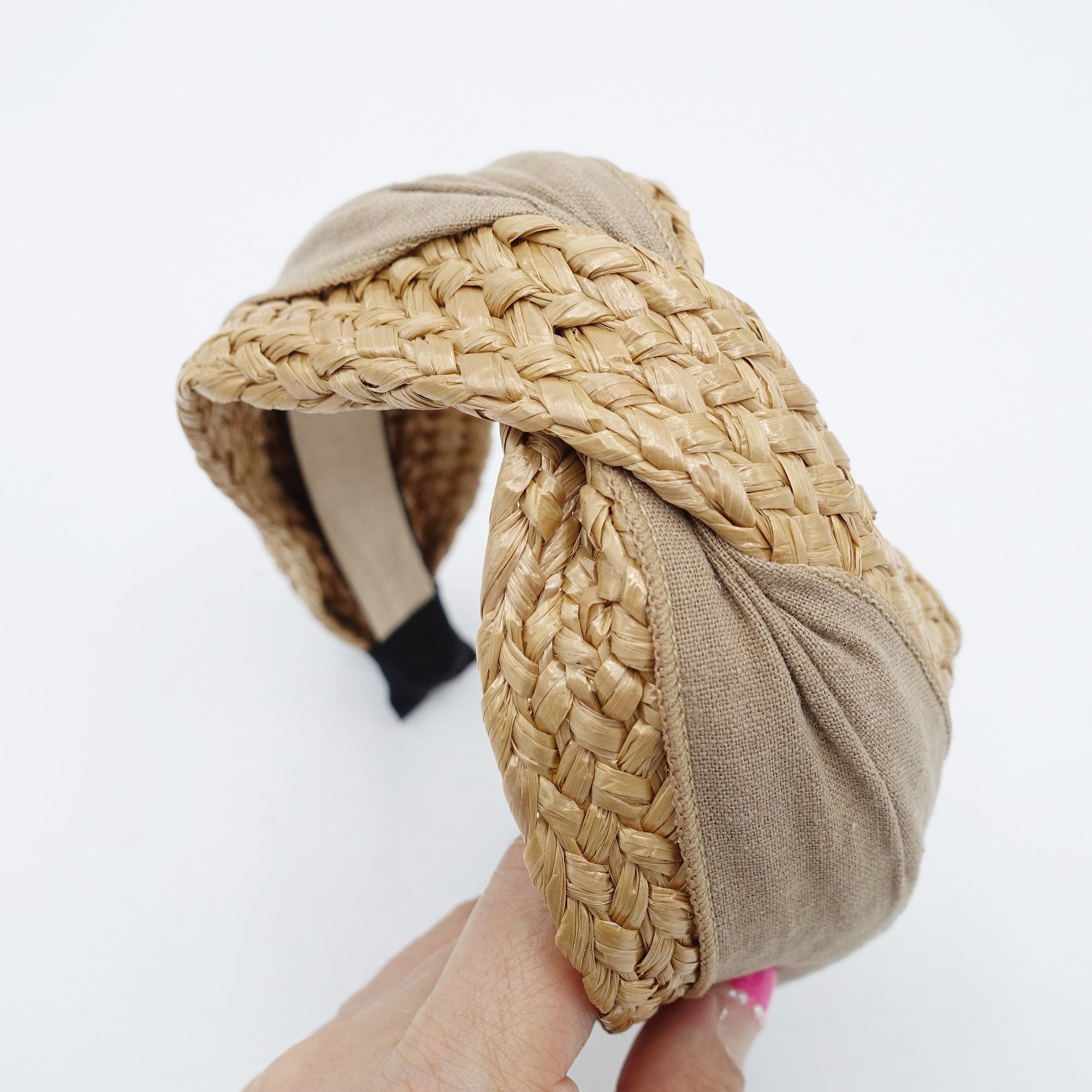 veryshine.com Headband Beige rattan cross headband fabric layered straw hairband Summer holiday hair accessory for women