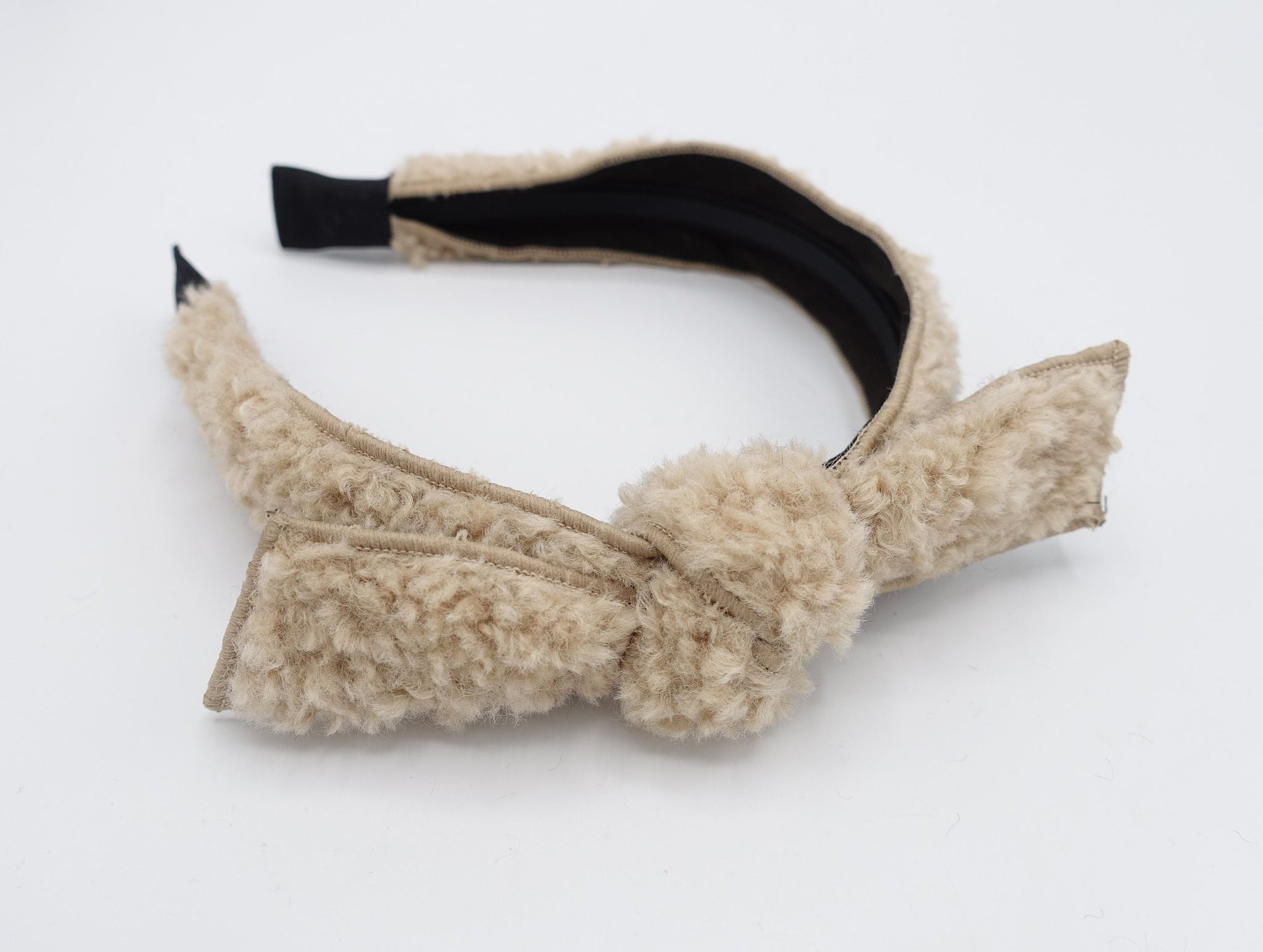 veryshine.com Headband Beige teddy bow knot headband fabric fur wire knotted bow thin hairband for women