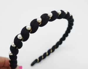 veryshine.com Headband Black pearl embellished cotton spiral wrap headband thin hairband women hair accessory