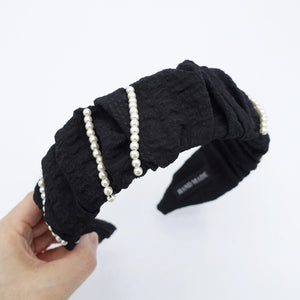 veryshine.com Headband Black pleated headband pearl beaded ornaments embellished hairband  crinkled fabric hair accessory for women