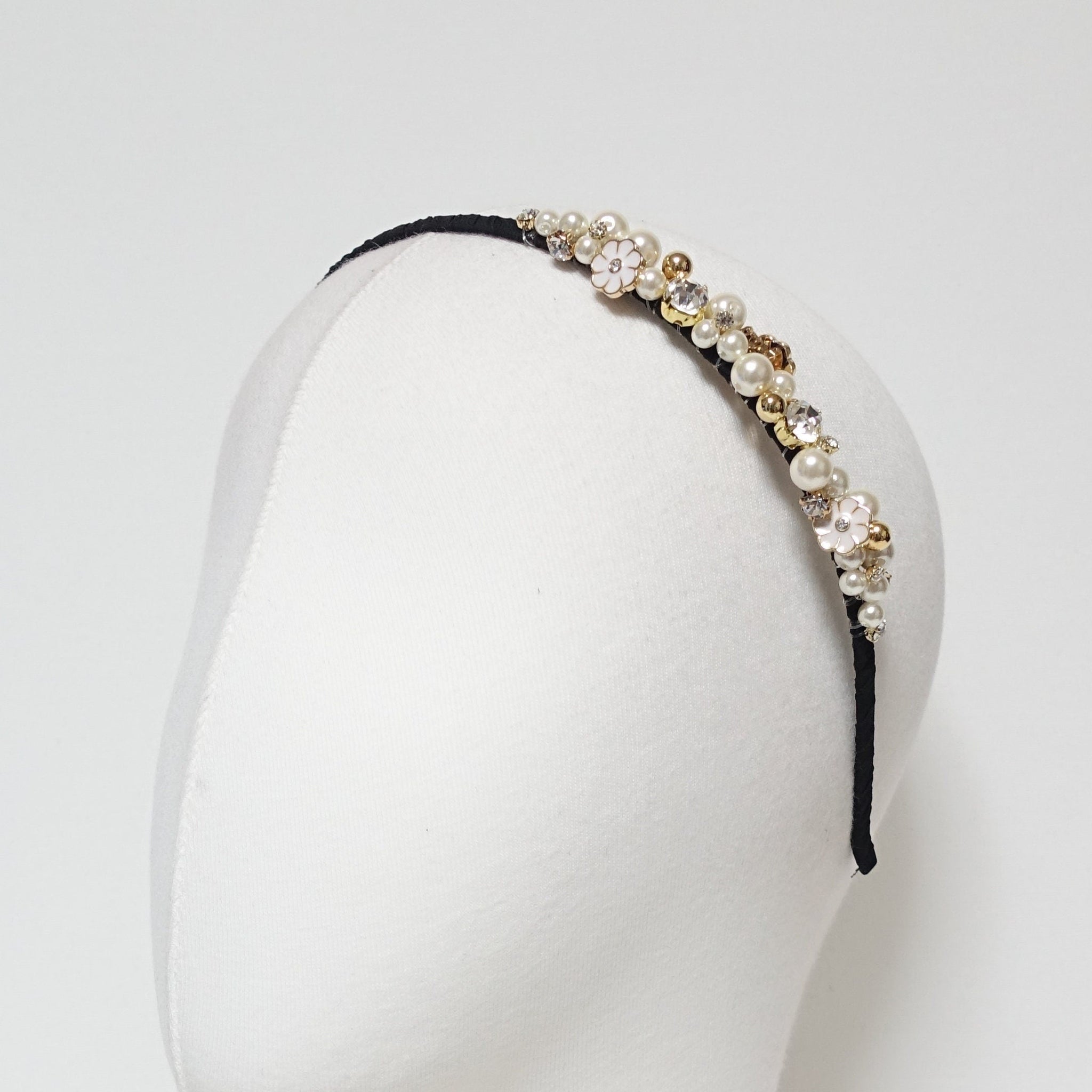 veryshine.com Headband Black rhinestone pearl beaded headband thin decorated elegant fashion hairband