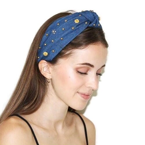 veryshine.com Headband Blue Garden denim embellished headband rhinestone stud decorated knot hairband women hair accessory