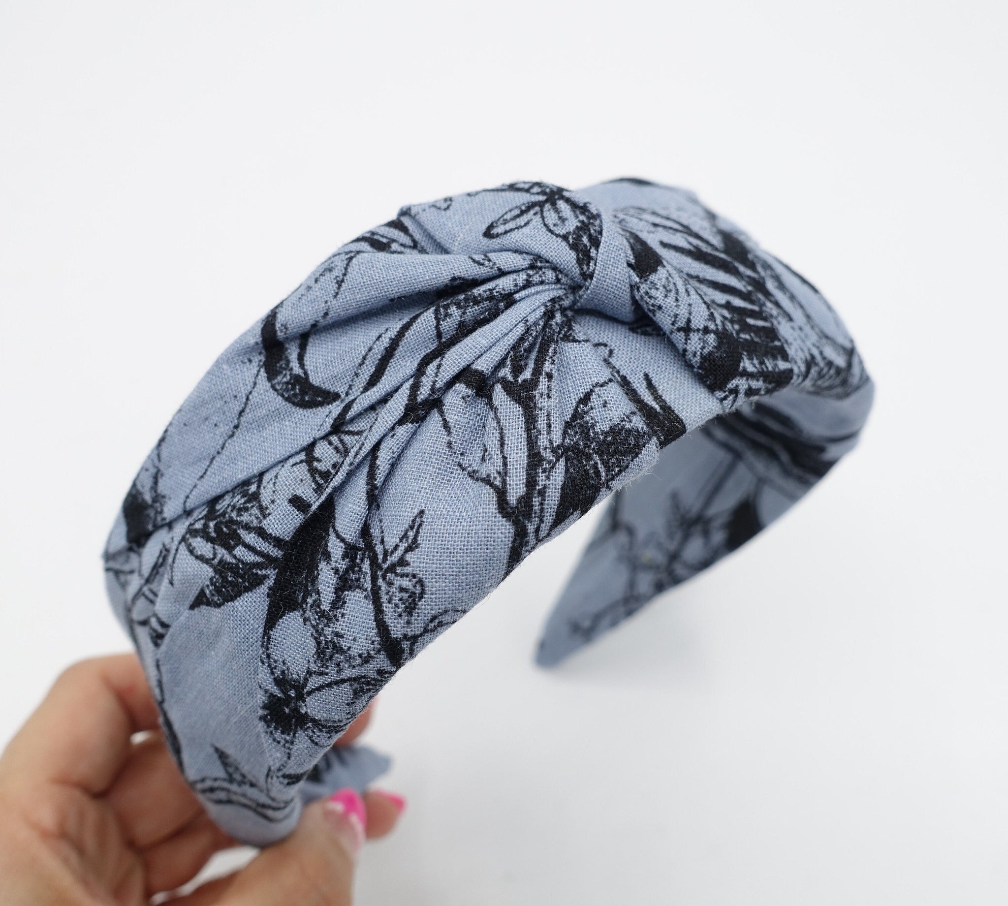 veryshine.com Headband Blue gray plant flower print  headband front cross twist hairband cotton hair accessory for women