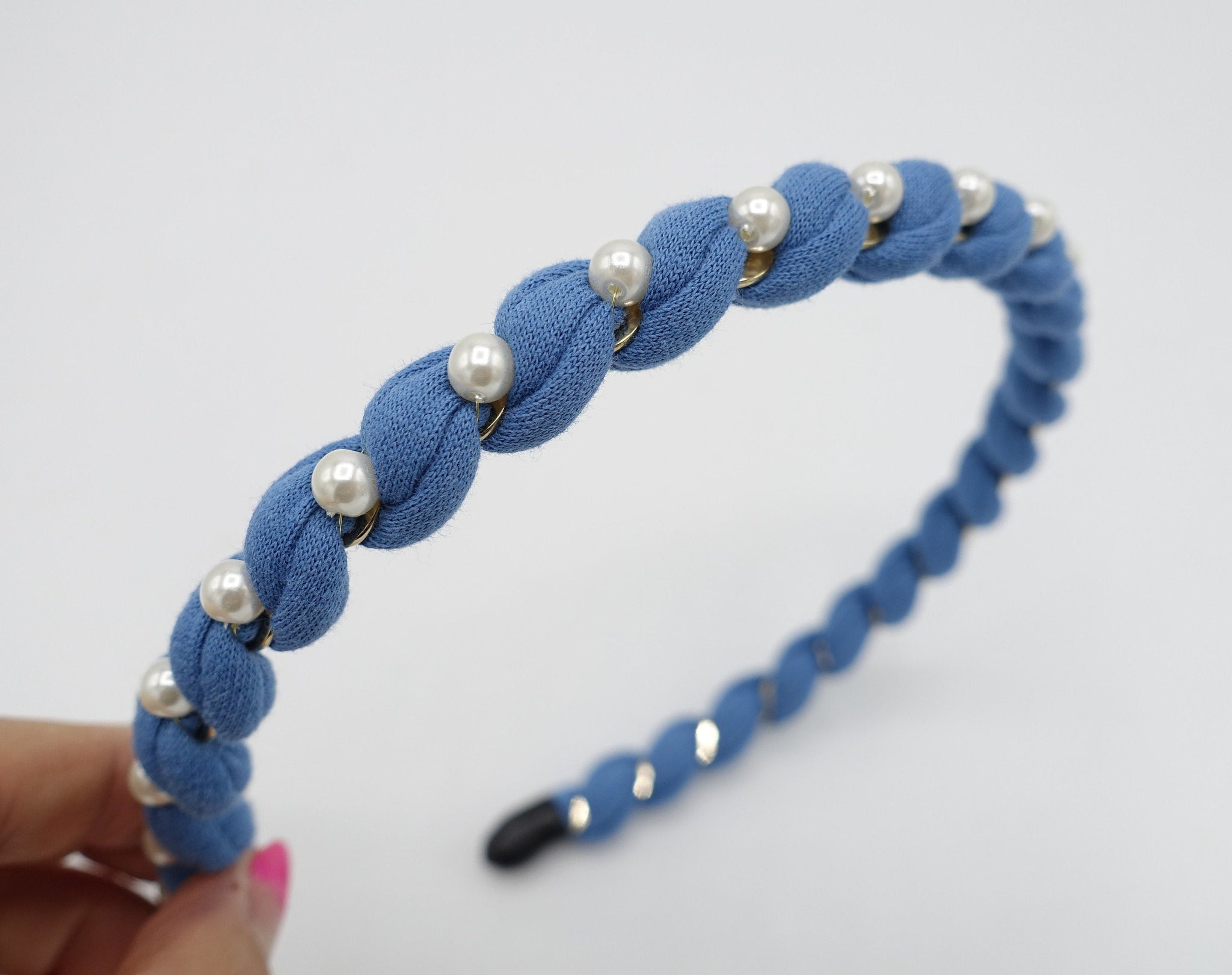 veryshine.com Headband Blue pearl embellished cotton spiral wrap headband thin hairband women hair accessory