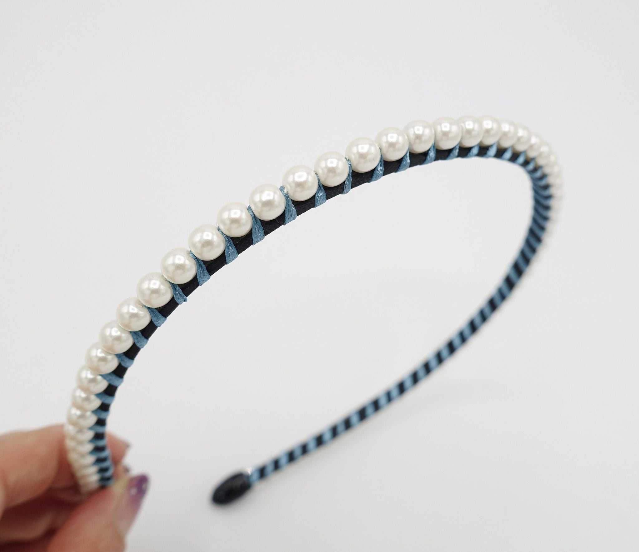 veryshine.com Headband Blue pearl embellished headband simple one row thread wrap hairband