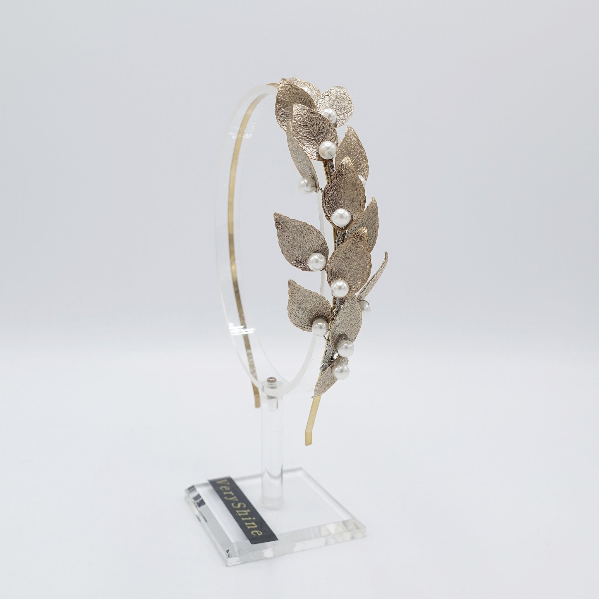 veryshine.com Headband Bronze laurel leaves metal thin headband pearl hair accessory for women