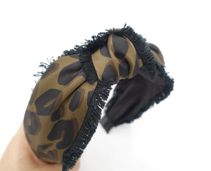 veryshine.com Headband Brown leopard print fringe trim headband tassel hairband top knot hair accessory for women