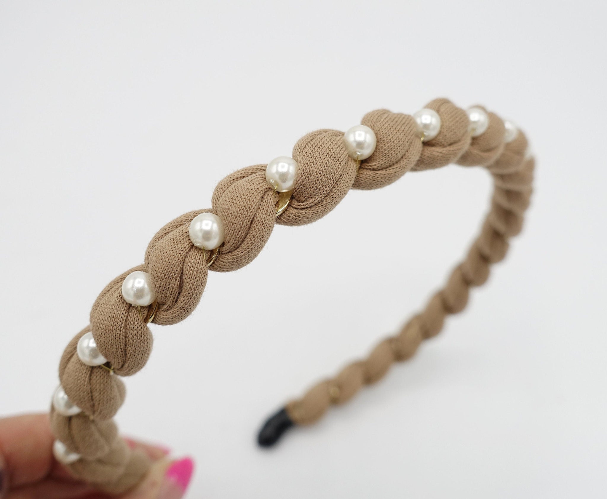 veryshine.com Headband Camel beige pearl embellished cotton spiral wrap headband thin hairband women hair accessory