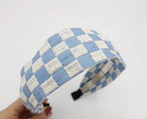 veryshine.com Headband checkered sky blue embroidered pattern flat headband for women
