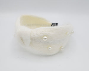 veryshine.com Headband Cream white pearl angora knot headband hair accessory for women