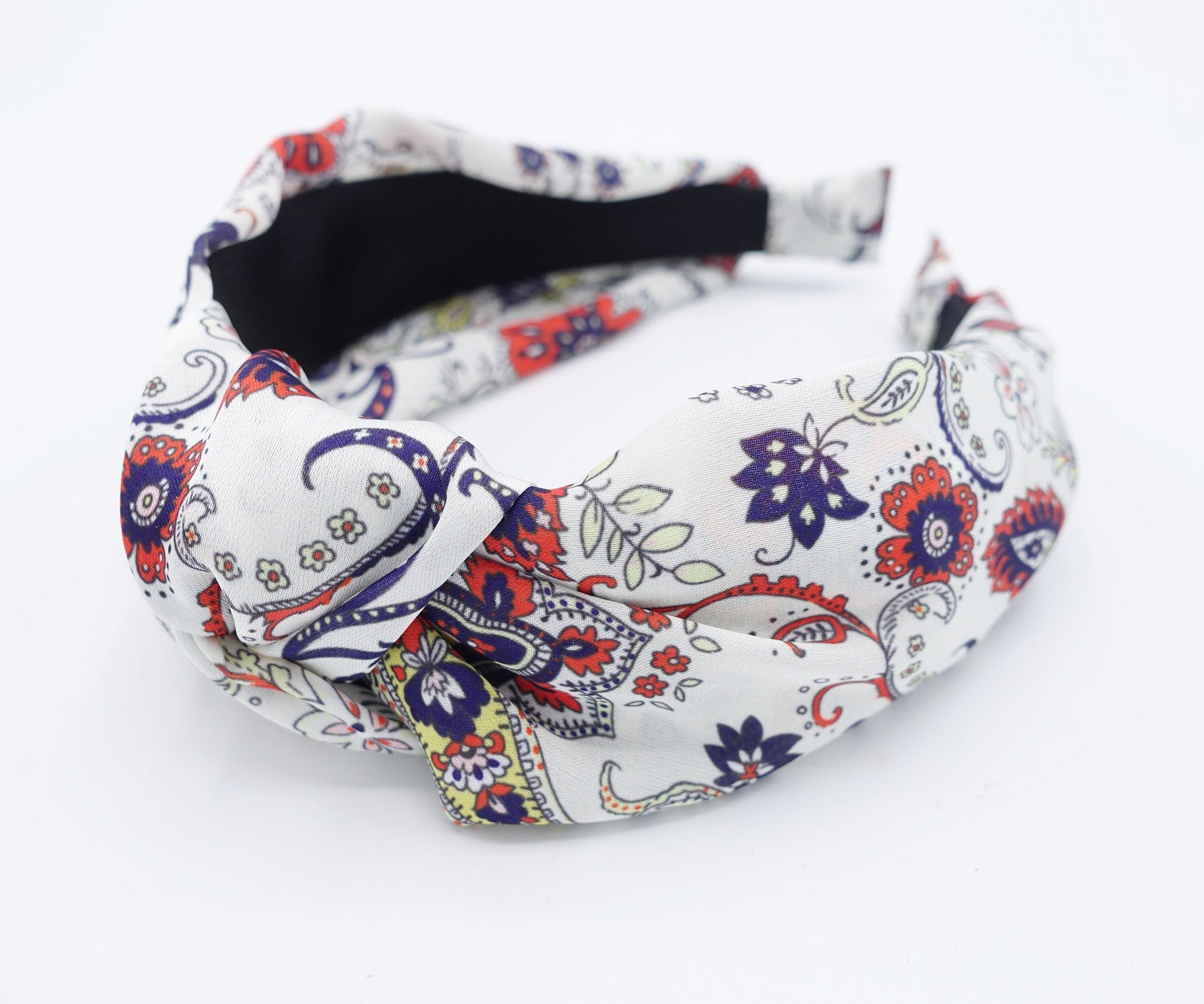 veryshine.com Headband Cream white satin paisley flower print knotted headband