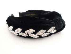 veryshine.com Headband Crystal leaf rhinestone embellished  knotted hairband luxury black velvet dazzling womens headband