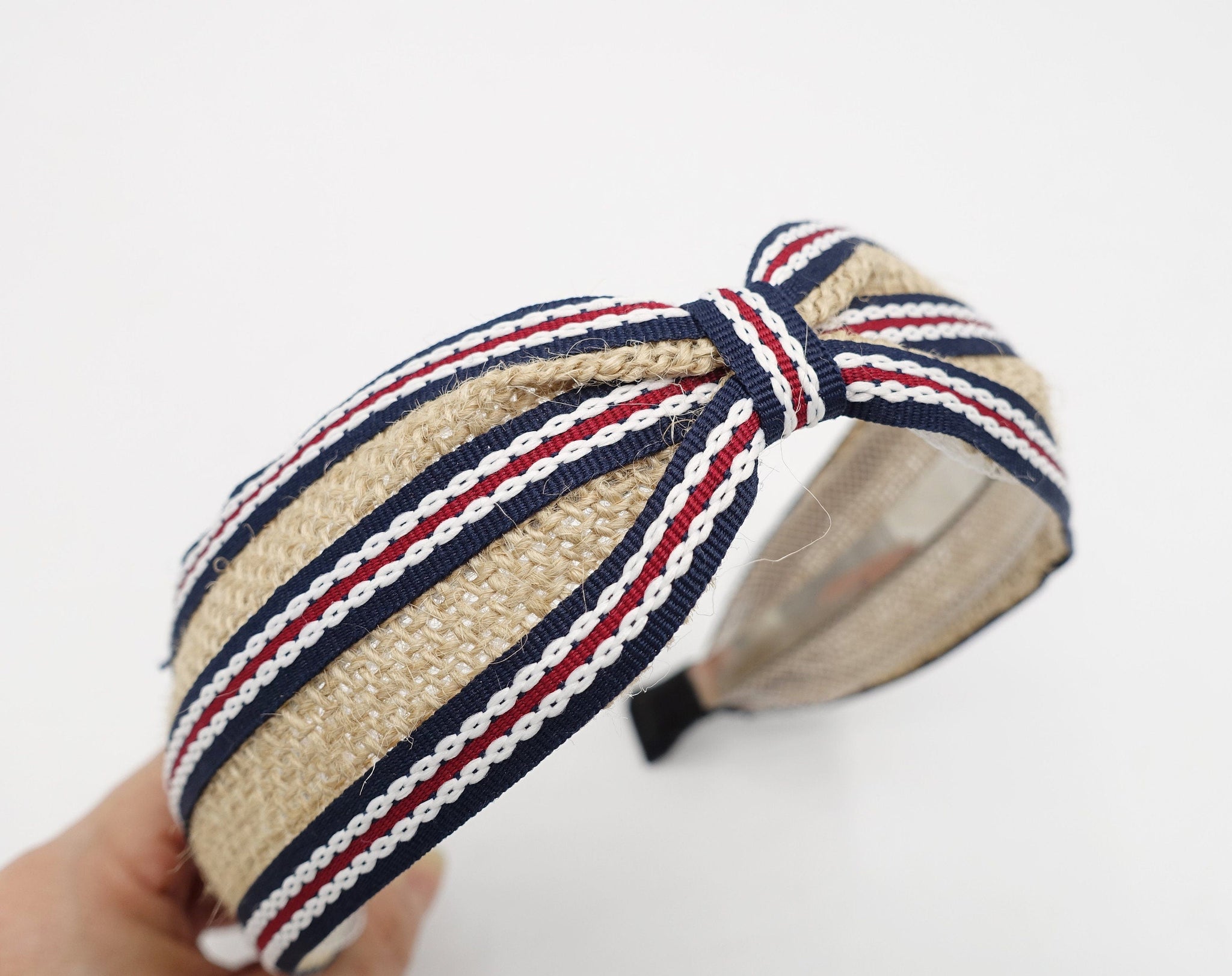 veryshine.com Headband Dark navy jute stripe headband front knot hairband for women