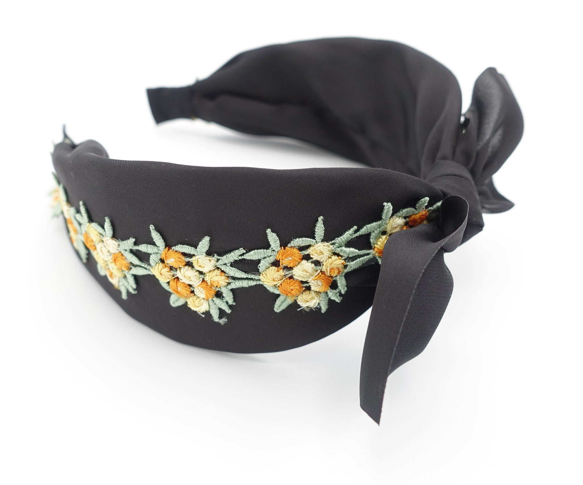 veryshine.com Headband embroidery flower headband black chiffon bow knot hairband women hair accessory