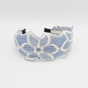 veryshine.com Headband flower sky blue embroidered pattern flat headband for women