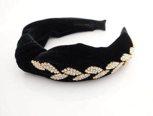 veryshine.com Headband Gold leaf rhinestone embellished  knotted hairband luxury black velvet dazzling womens headband