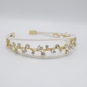veryshine.com Headband Gold rhinestone flower branch triple headband pearl hairband for women