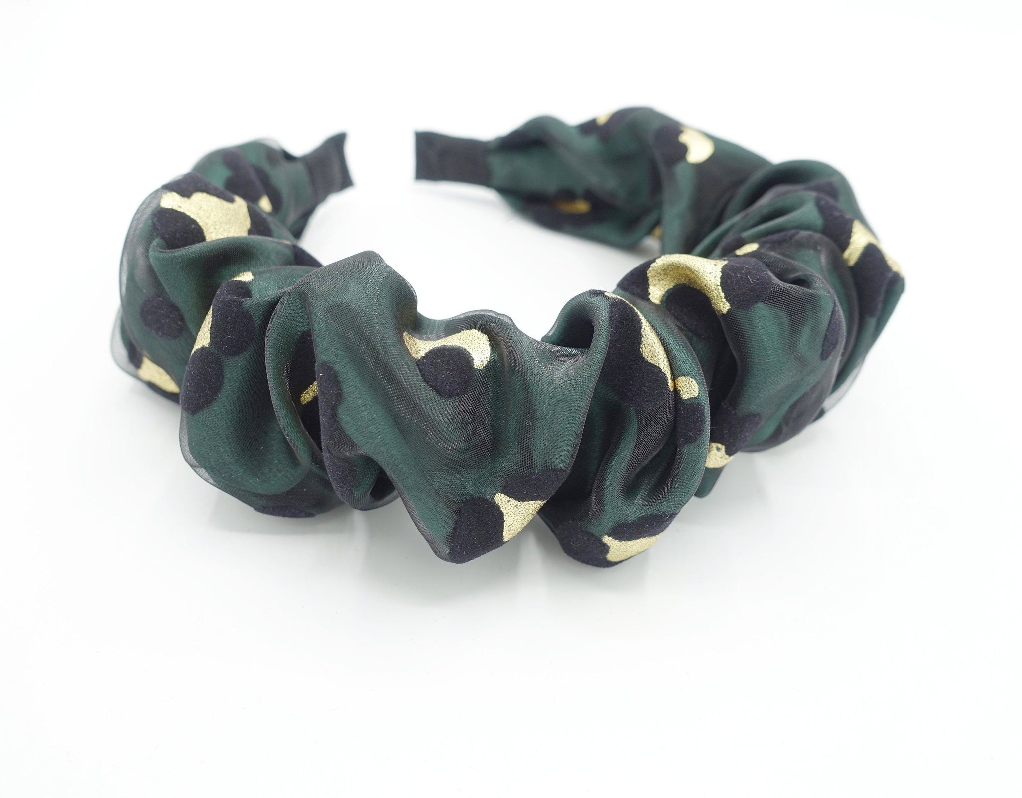 veryshine.com Headband Green satin layered golden leopard headband organza pleated hairband women hair accessory