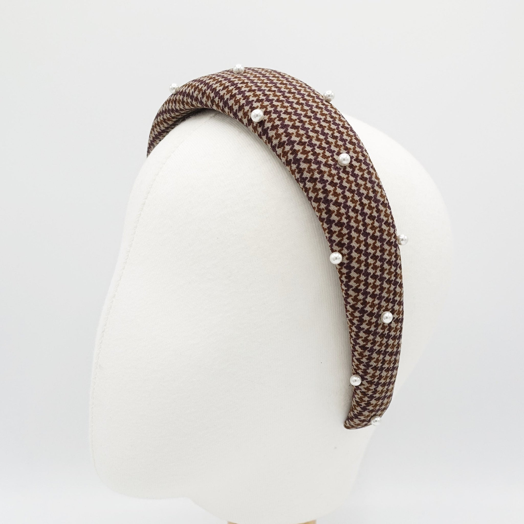 veryshine.com Headband houndstooth check padded headband pearl hairband classy hair accessory for women