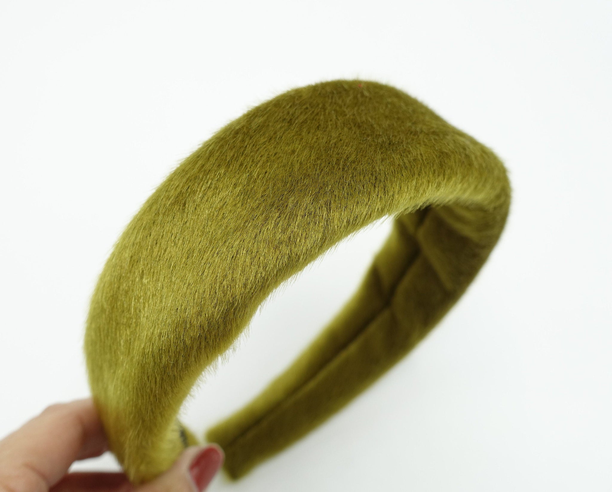 veryshine.com Headband Khaki green fabric fur headband padded imitated calf fur leather hairband Fall Winter hair accessory for women