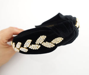 veryshine.com Headband leaf rhinestone embellished  knotted hairband luxury black velvet dazzling womens headband