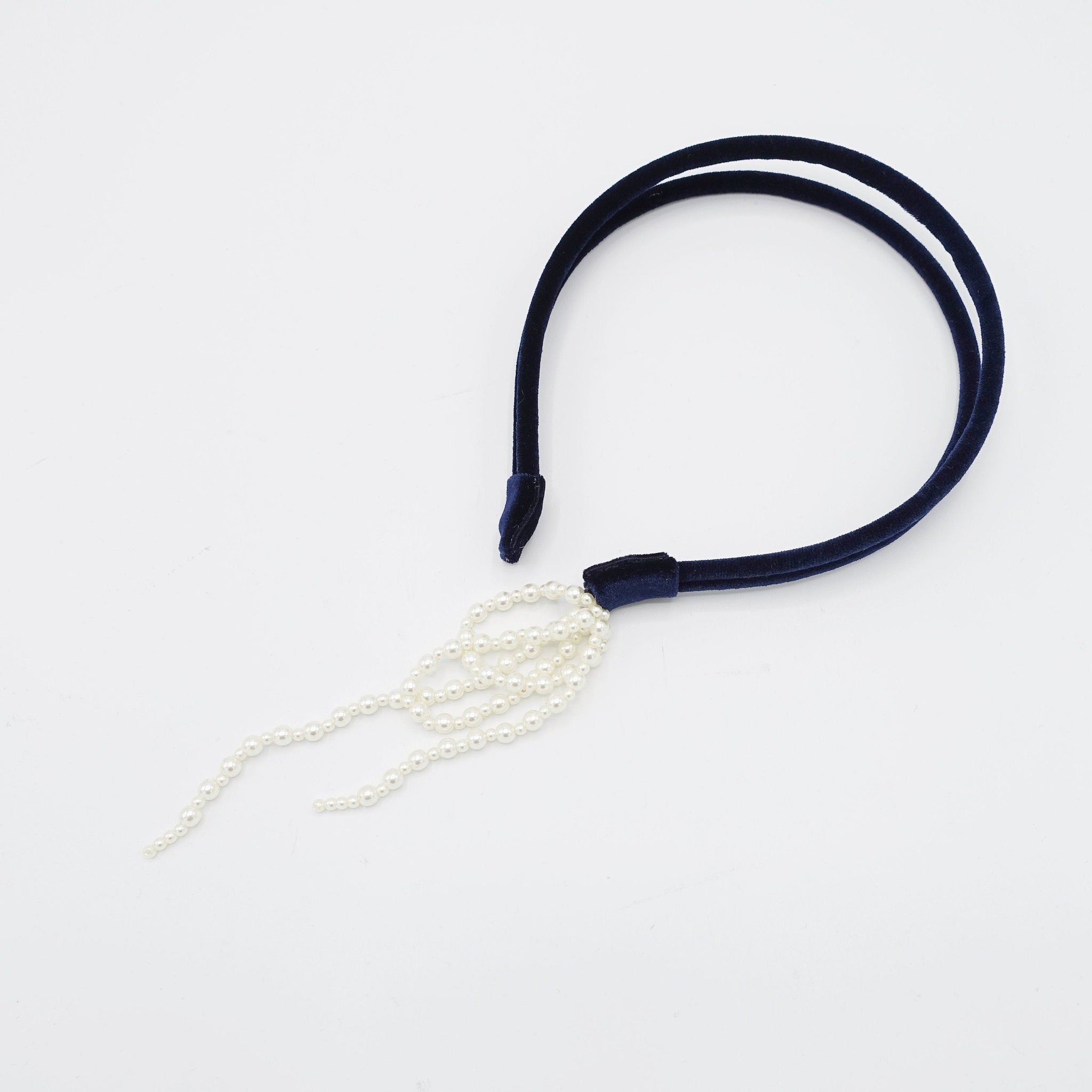 veryshine.com Headband Navy pearl tassel attached velvet double headband stylish woman hairband accessory