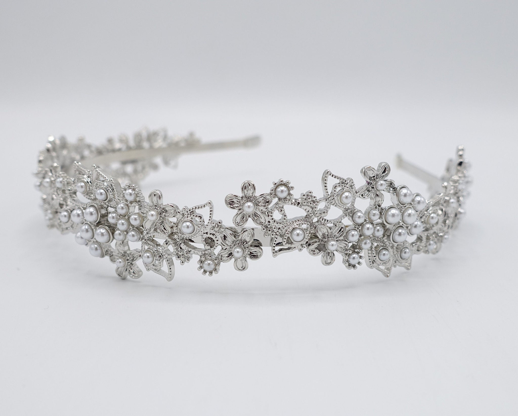 veryshine.com Headband Silver pearl petal metal thin headband flower event hair accessory for women