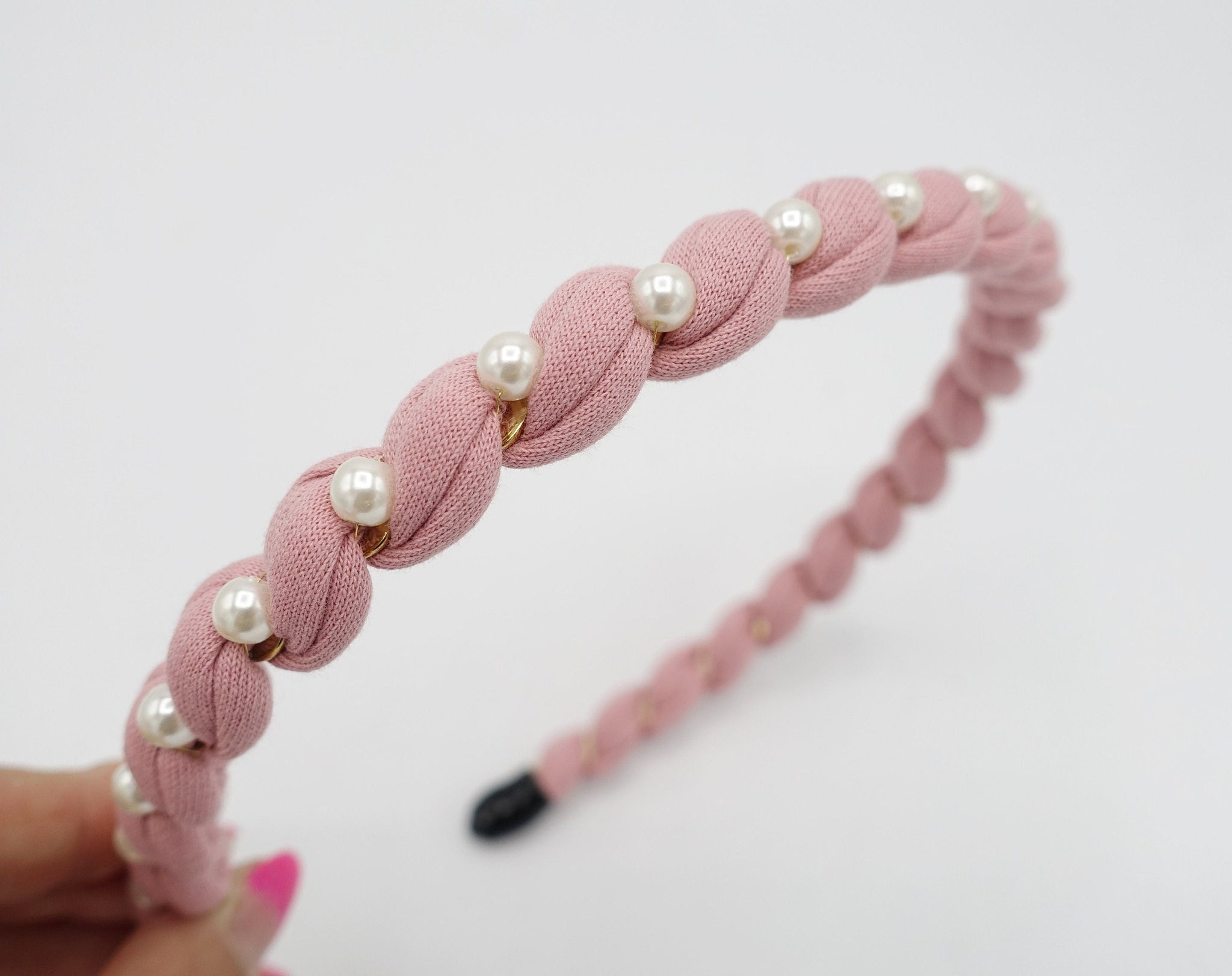 veryshine.com Headband Pink pearl embellished cotton spiral wrap headband thin hairband women hair accessory