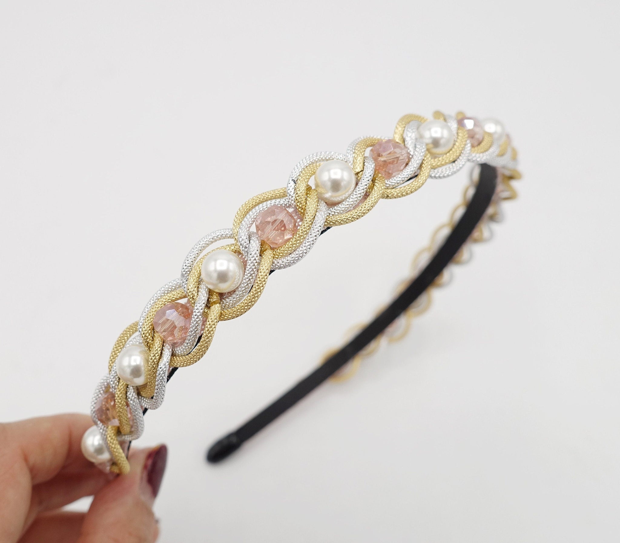 veryshine.com Headband Pink pearl glass beads embellished chain headband thin hairband hair accessory for women