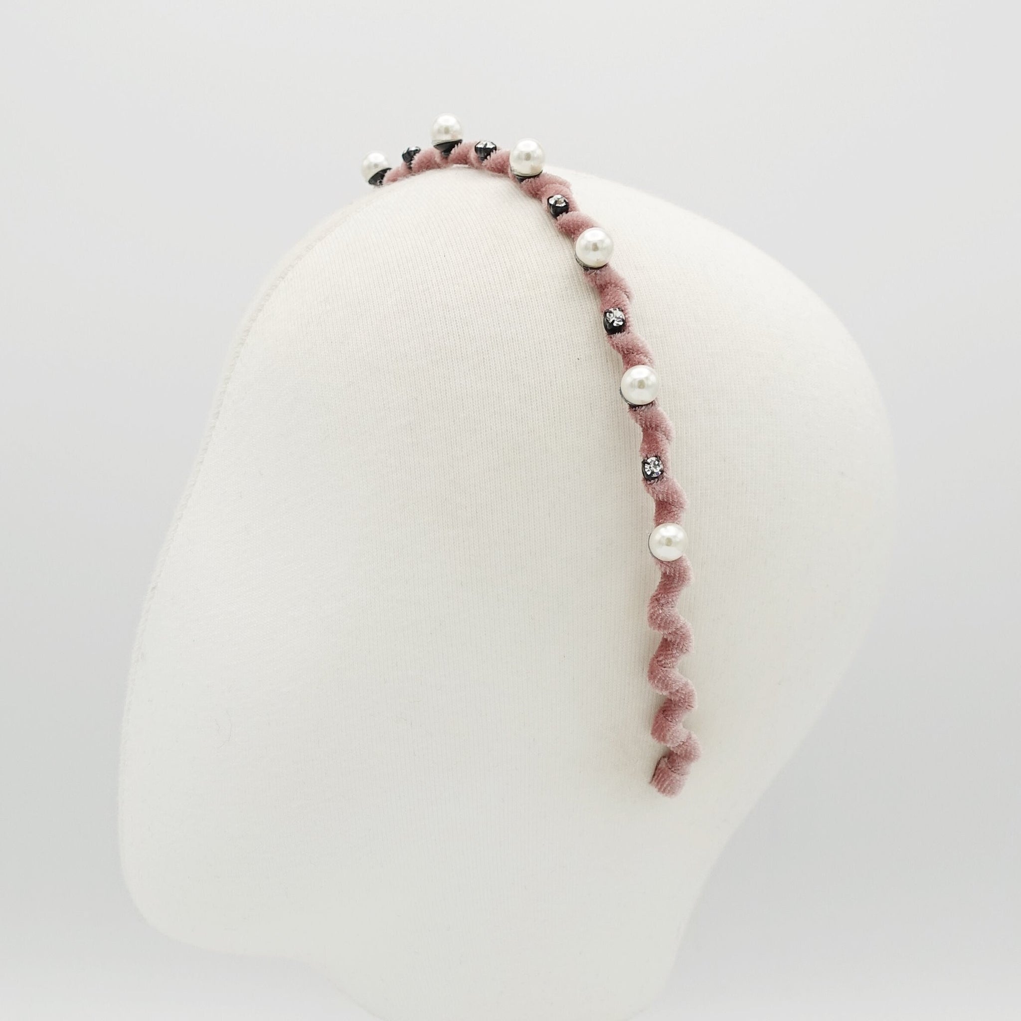 veryshine.com Headband Pink pearl rhinestone embellished headband velvet wrap headband women hair accessory