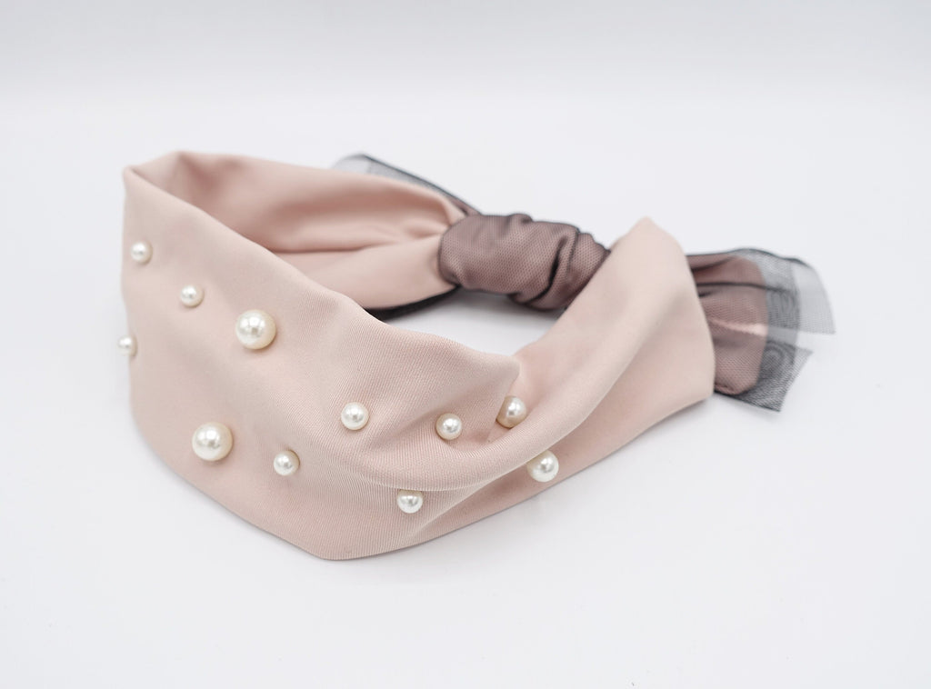veryshine.com Headband Pink pearl stud mesh bow satin headband 2 way hairband turban hair accessory for women