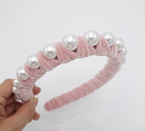 veryshine.com Headband Pink velvet wrap headband big pearl embellished hairband stylish women hair accessories