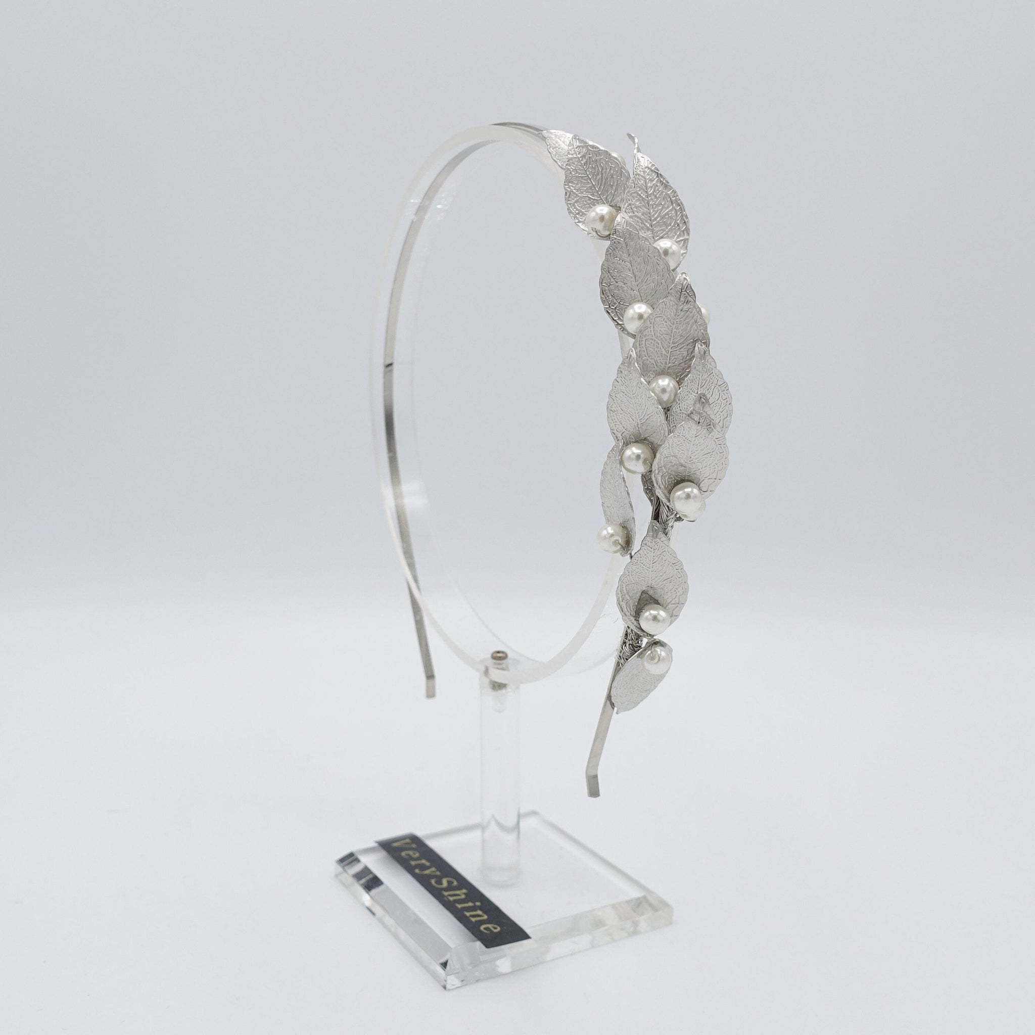 veryshine.com Headband Silver laurel leaves metal thin headband pearl hair accessory for women