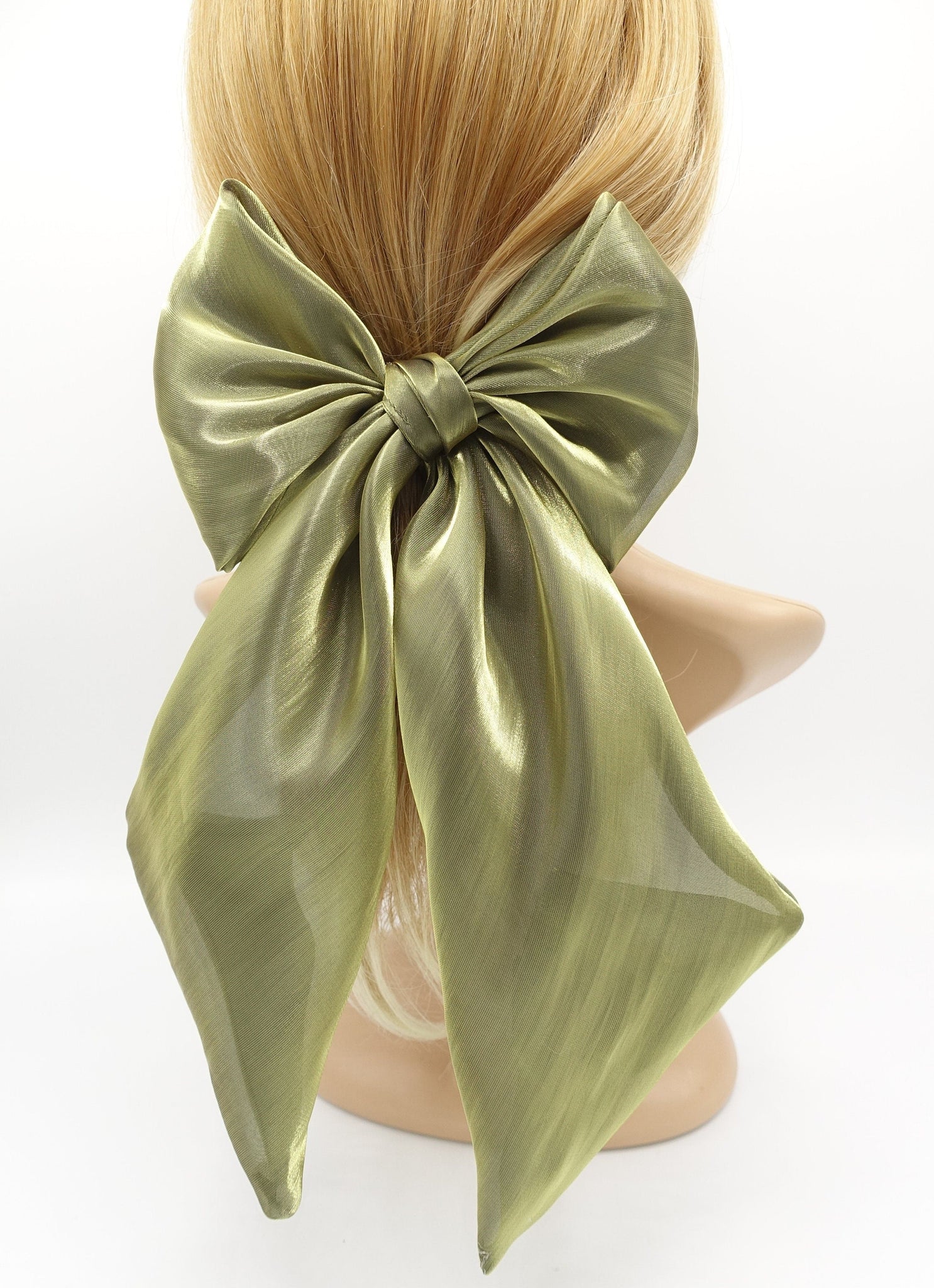 veryshine.com Khaki green organza giant hair bow wide tail oversized hair accessory for women