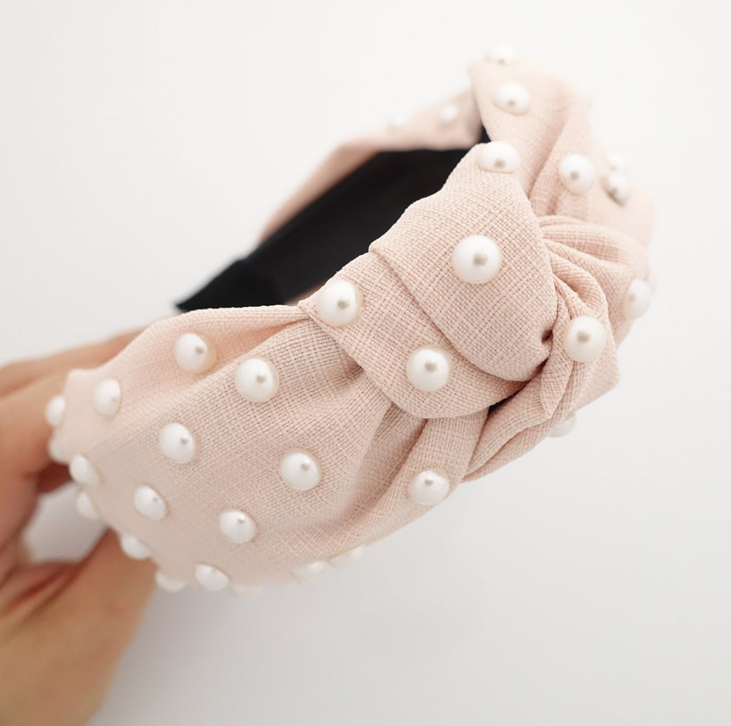 veryshine.com Light peach thin fabric front knot pearl decorated fashion headband stylish trendy hairband accessories for women