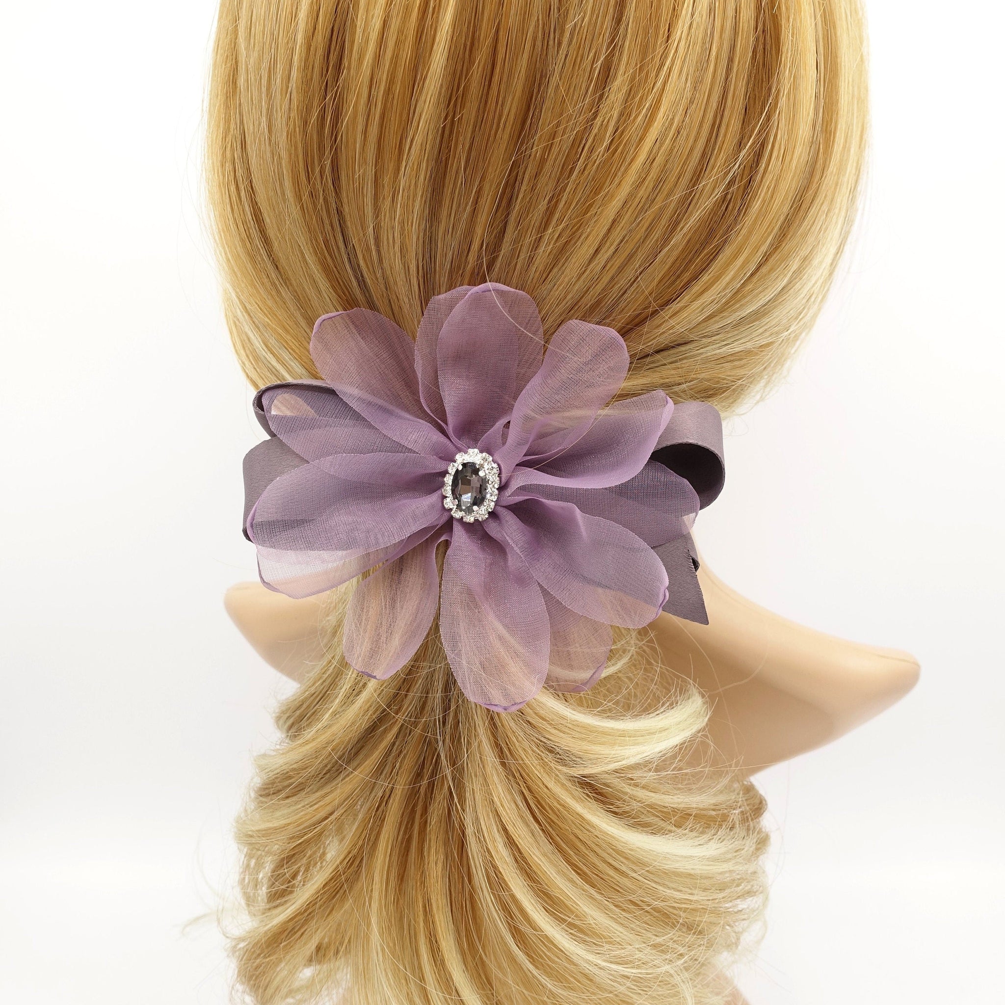 veryshine.com Mauve purple organza petal flower hair barrette rhinestone embellished hair bow women accessory