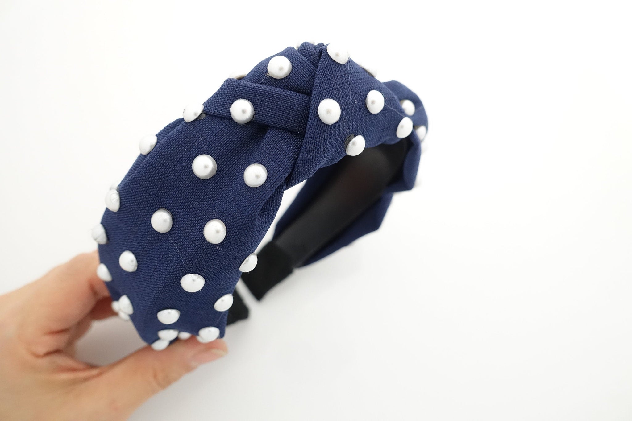 veryshine.com Navy thin fabric front knot pearl decorated fashion headband stylish trendy hairband accessories for women