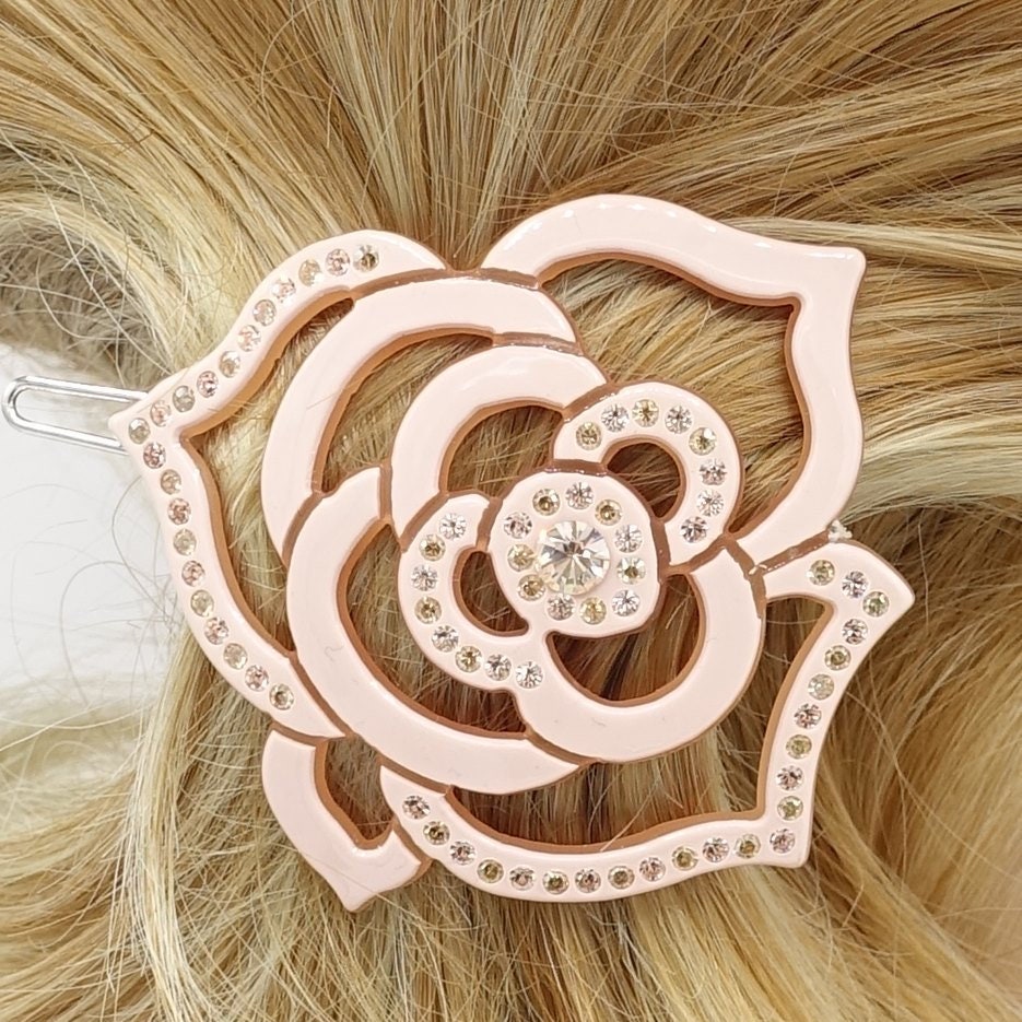 veryshine.com Peach rhinestone embellished camellia flower cellulose hair clip women hair accessory