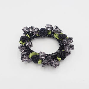 veryshine.com Ponytail holders Black mini rose acrylic beaded scrunchies hair elastic scrunchie women hair tie accessory