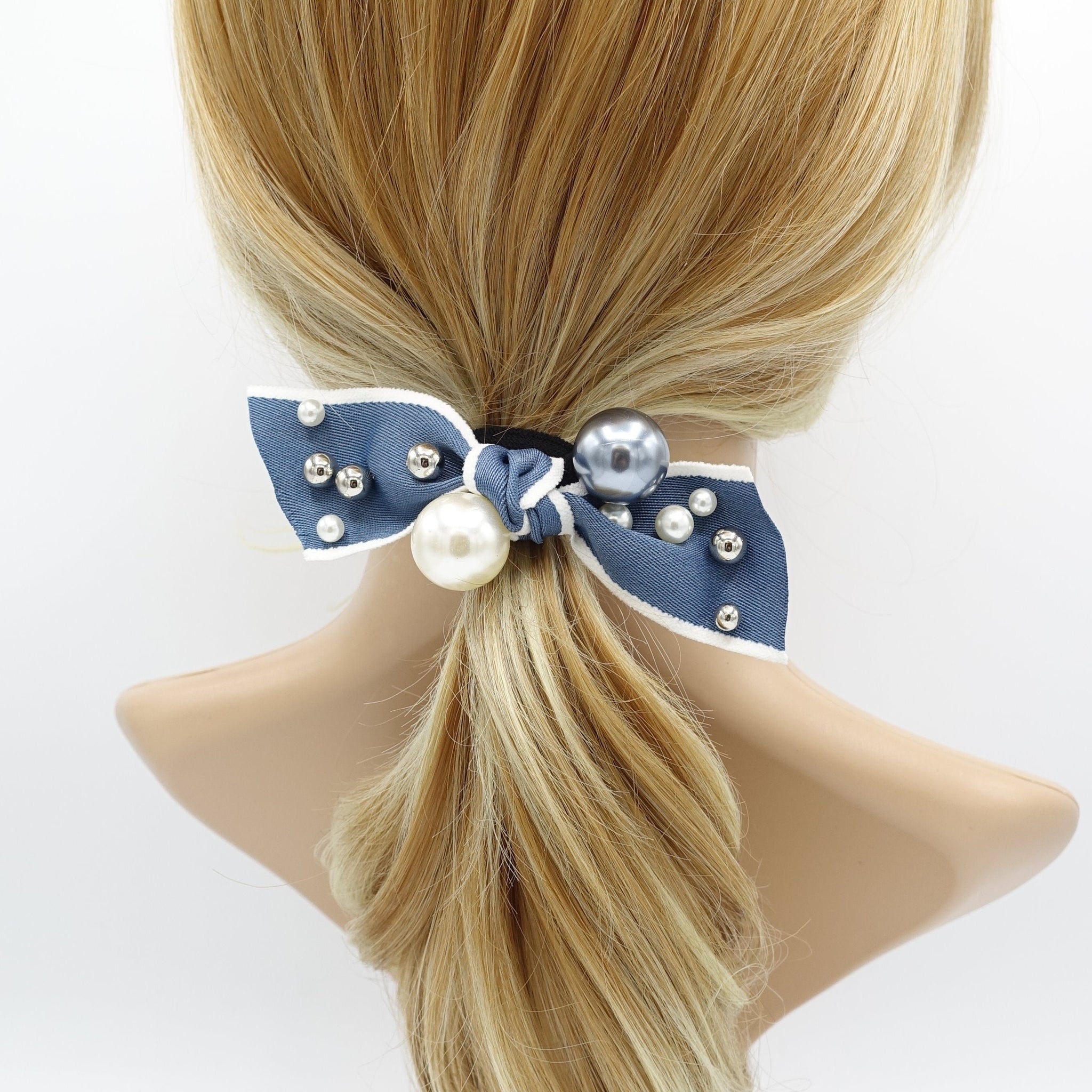 veryshine.com Ponytail holders Blue a set of pearl decorated bow knot ponytail holders hair elastic