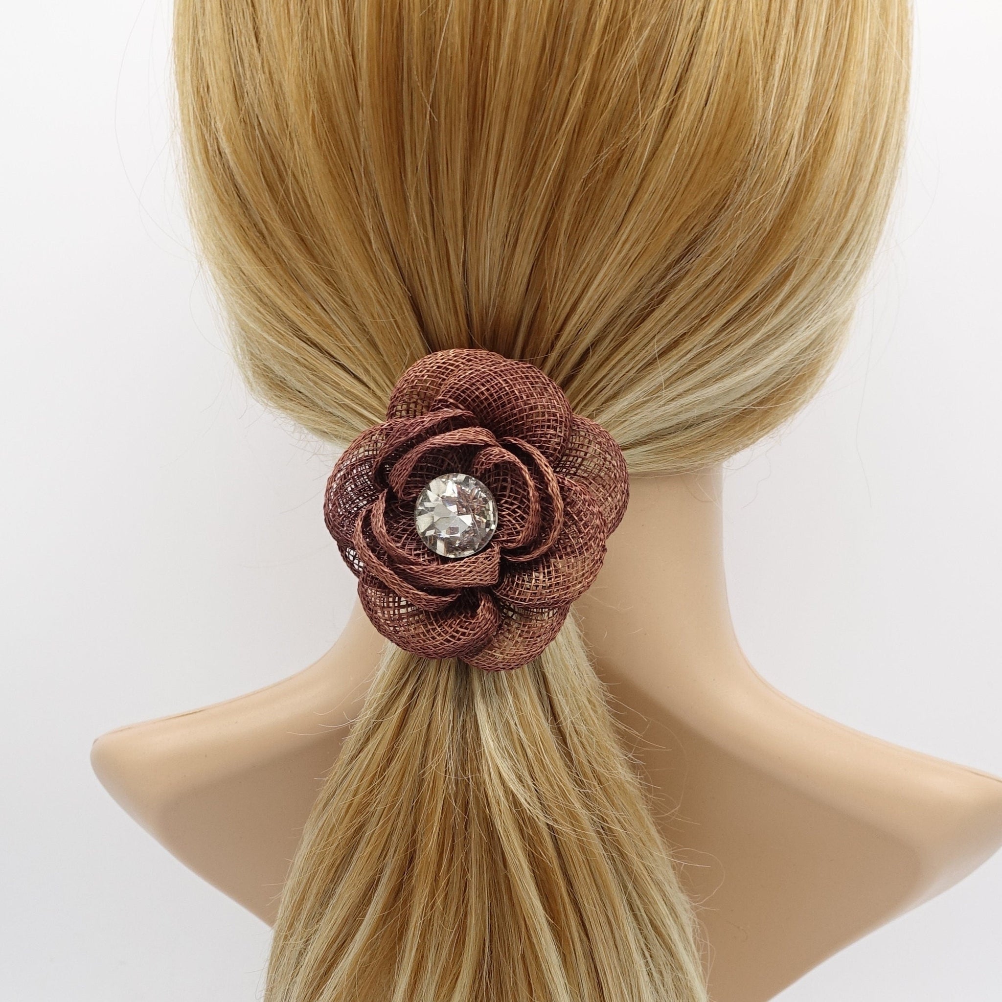 veryshine.com Ponytail holders Brown jute camelia hair tie flower ponytail holder