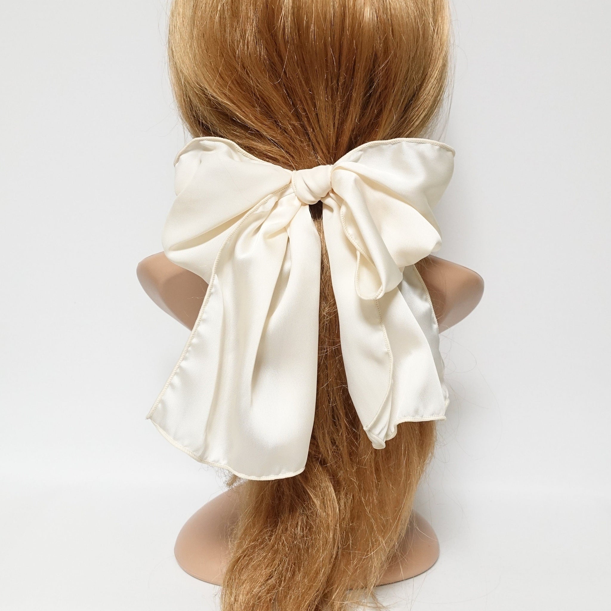 veryshine.com Ponytail holders Cream satin big glam bow hair elastic large stylish scarf knot tie bow ponytail holder