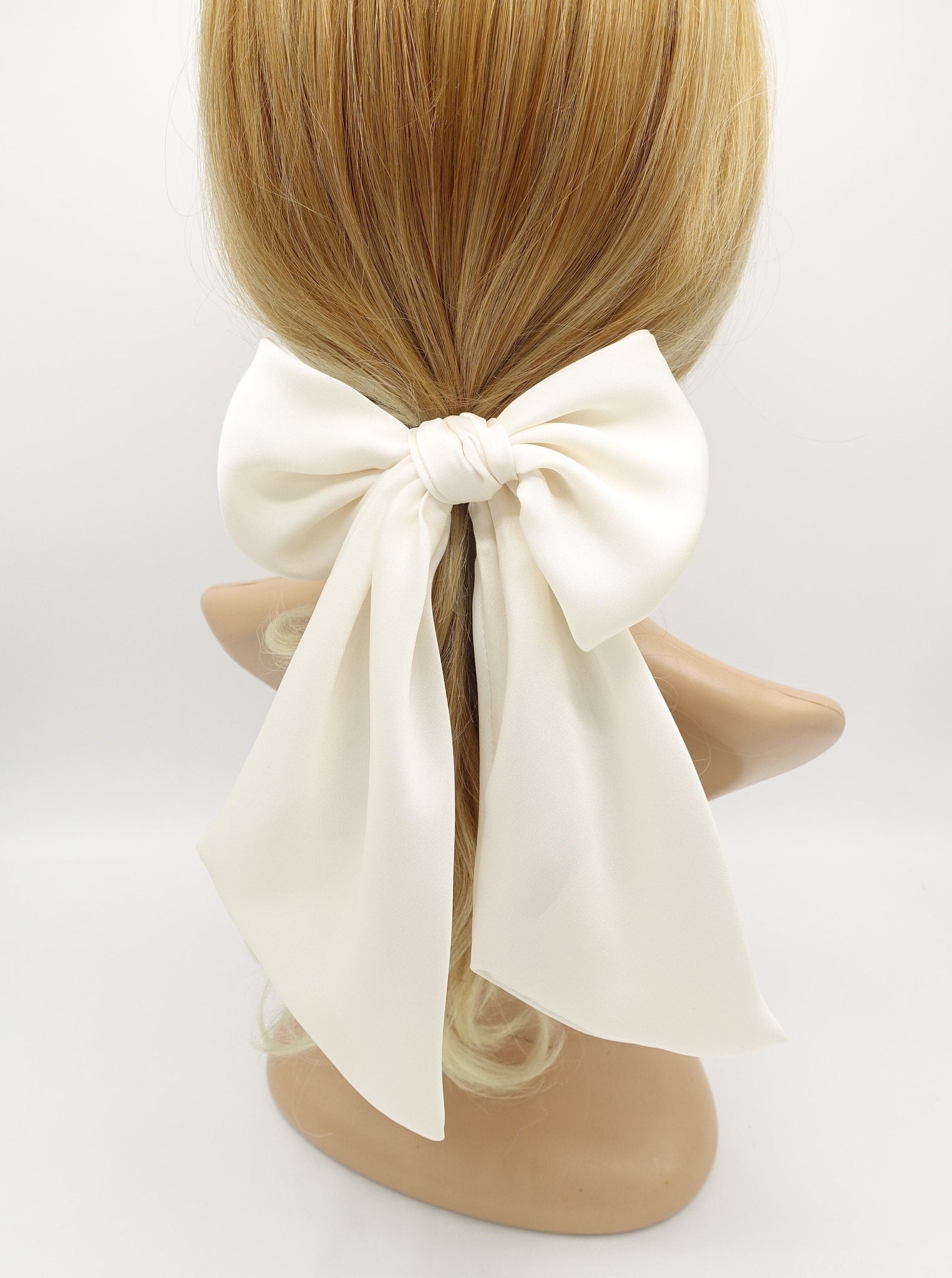 veryshine.com Ponytail holders Cream white glossy satin bow knot long tail hair tie solid color ponytail holder women hair elastic