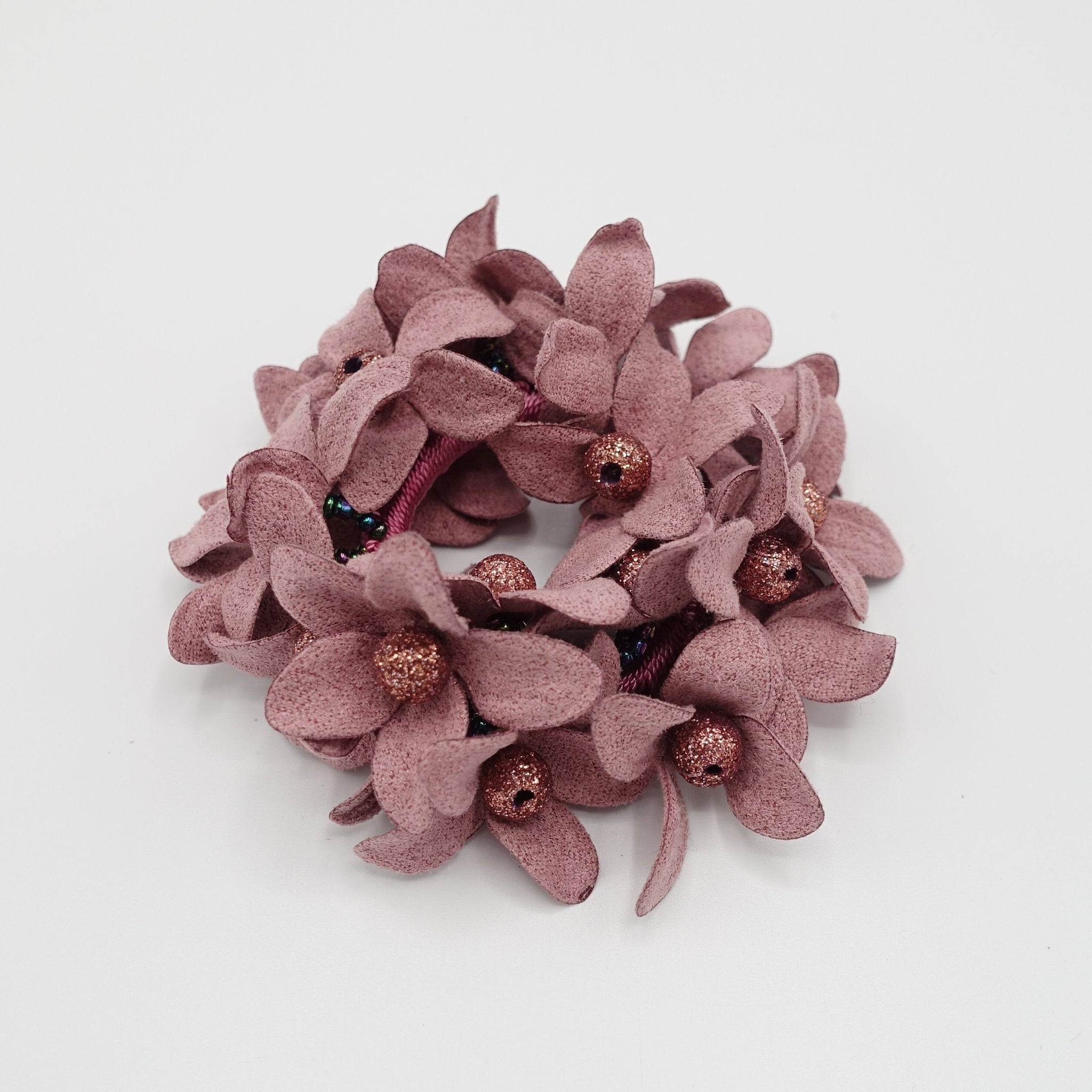 veryshine.com Ponytail holders Mauve pink suede petal flower sparking ball embellished hair elastic ponytail holder