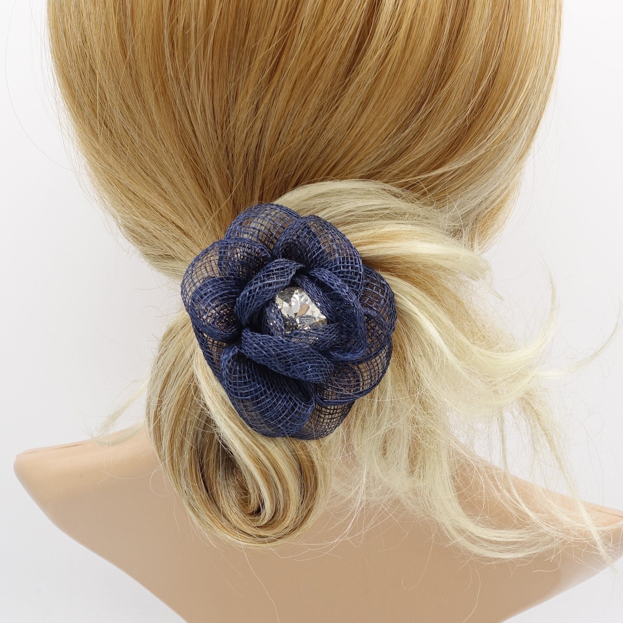 veryshine.com Ponytail holders Navy jute camelia hair tie flower ponytail holder