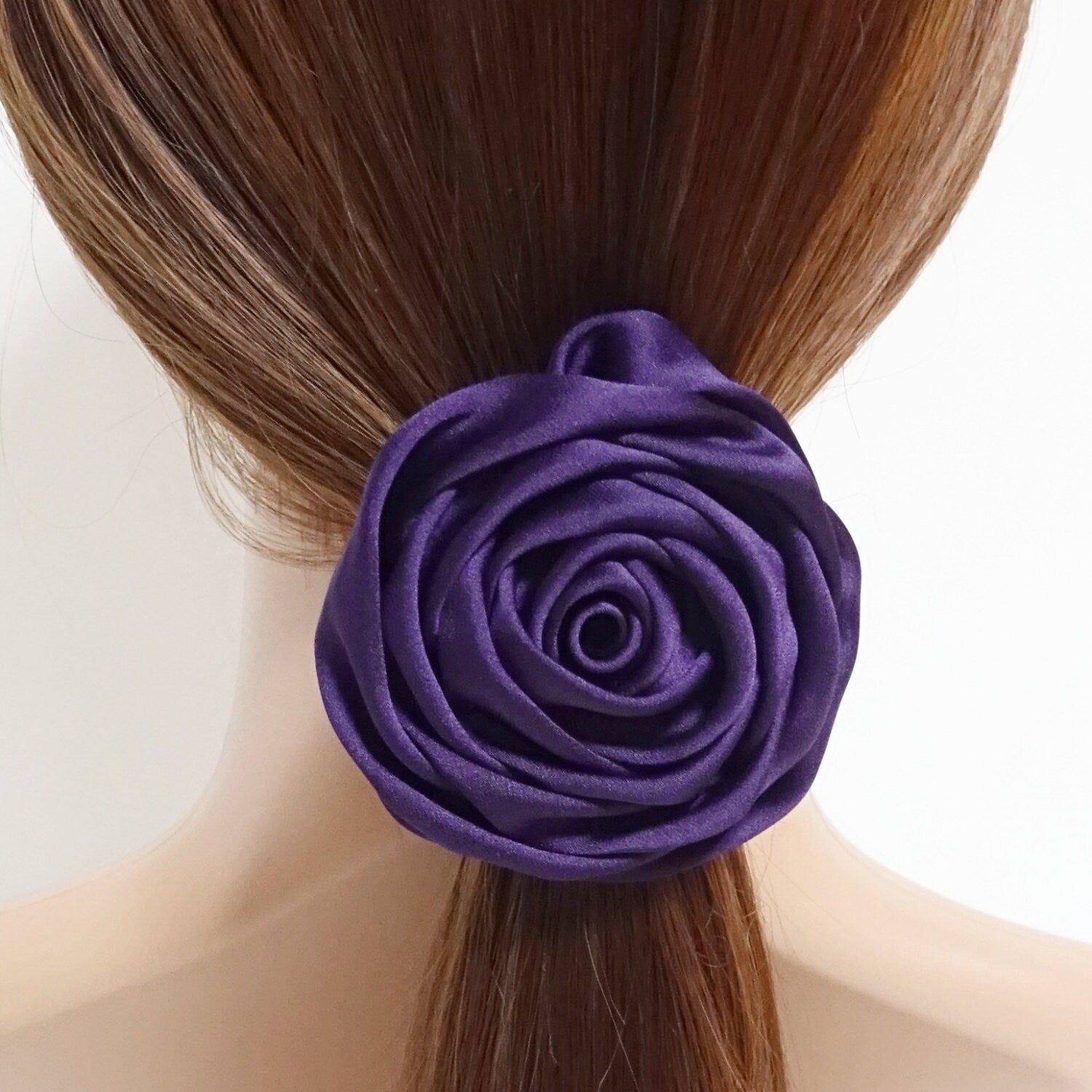 veryshine.com Ponytail holders Purple Handmade Satin Fabric Simple Rose Elastic Band Ponytail Holder Women hair accessories